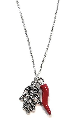 Collana donna in acciaio con corno portafortuna e pendolo mano di Fatima