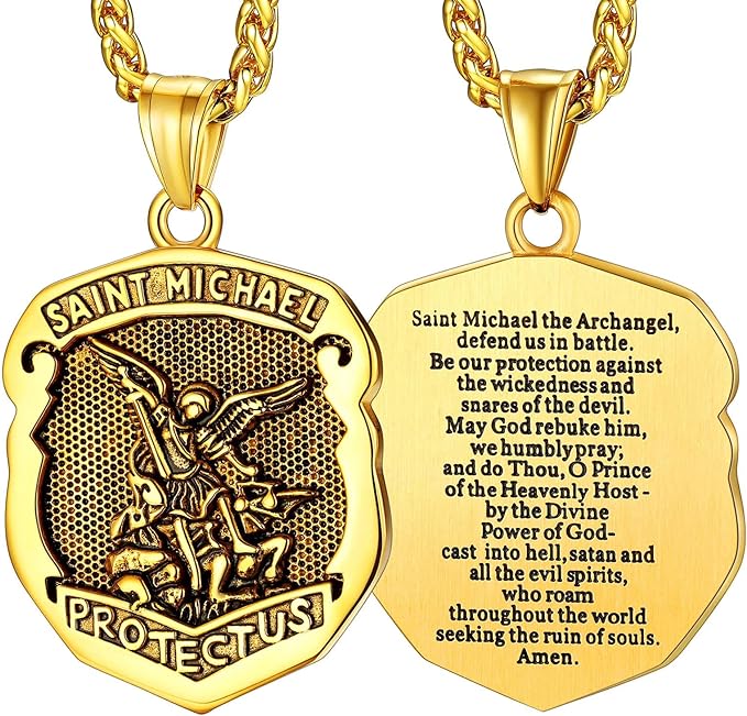 FaithHeart Collana Uomo di San Michele Santo Medaglia Collana San Micheal in Acciaio Inox/Oro Placcato/Nero